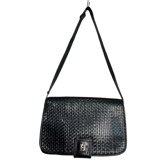 Fendi Handbags - Fendi FF Logo woven Weave Leather crossbody Bag black flap pocket purse Vintage